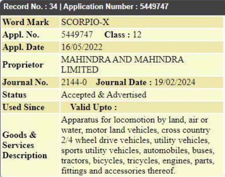 Mahindra Scorpio X Trademark