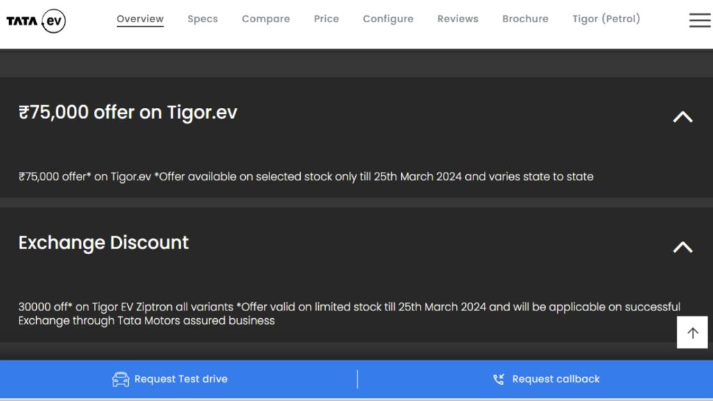 Discount & Exchange Offer Screenshot Of Tata Tigor Ev